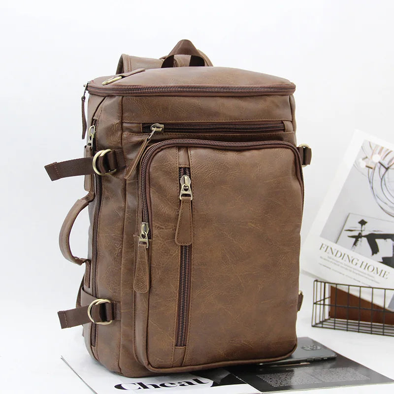 14-Inch Computer Bag Pu Leather Retro Multi-Functional Men S Backpack - Waterproof