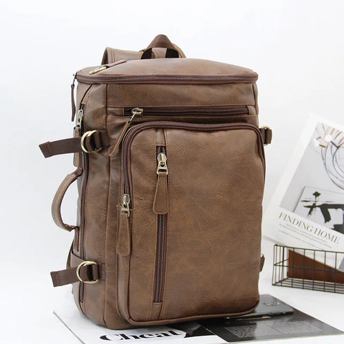 14-Inch Computer Bag Pu Leather Retro Multi-Functional Men S Backpack - Waterproof