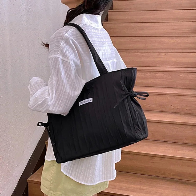 Large Nylon Tote Bag – Women's Pleated Drawstring Shoulder Handbag