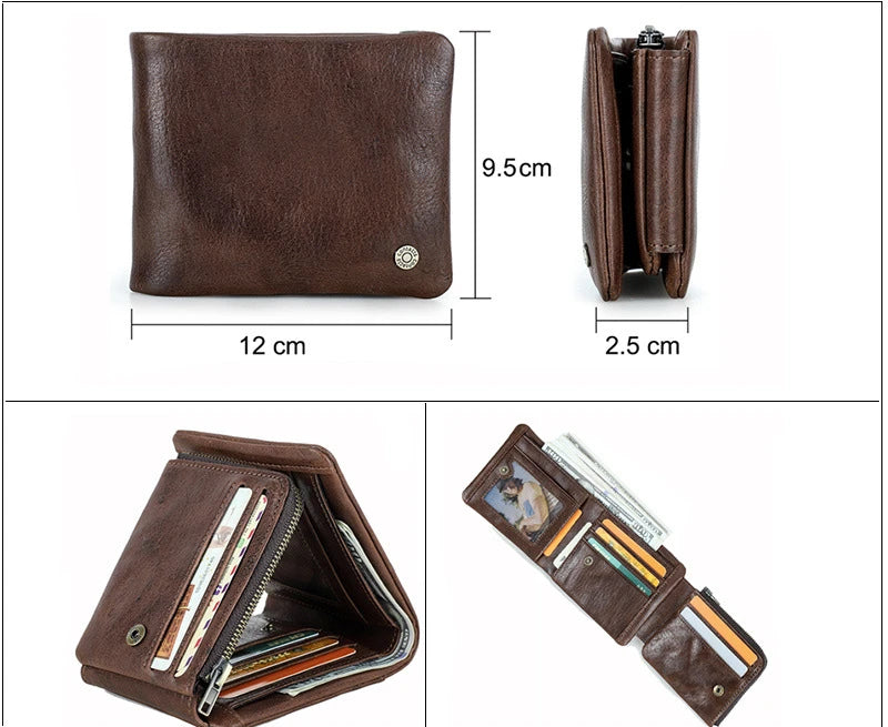 Rfid Anti-Theft Brush Full Grain Cowhide Three Fold Men S Wallet Horizontal Multi-Card Leather