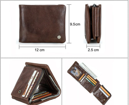Rfid Anti-Theft Brush Full Grain Cowhide Three Fold Men S Wallet Horizontal Multi-Card Leather