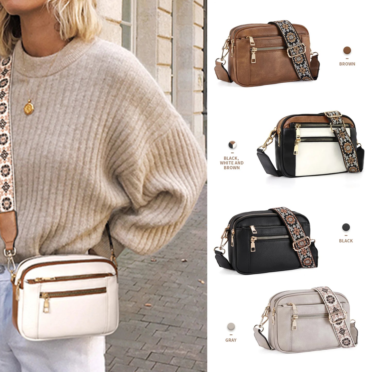 Stylish Wide Shoulder Strap Leather Crossbody Bag States Color Matching Zipper Small Square Suitable