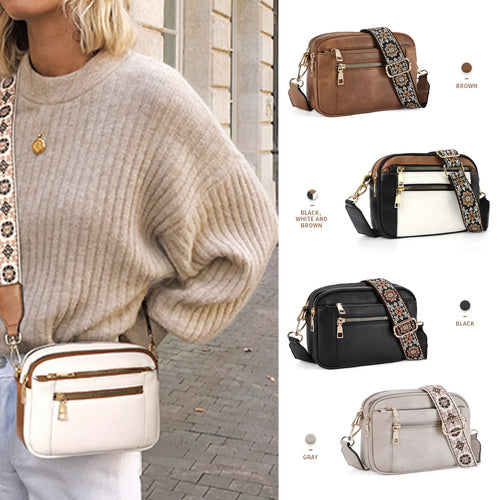 Stylish Wide Shoulder Strap Leather Crossbody Bag States Color Matching Zipper Small Square Suitable