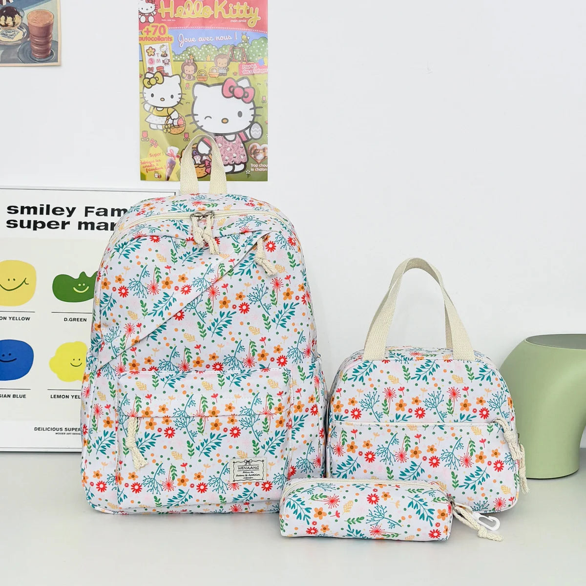 Fresh Lovely Floral Teen Backpack Set Multi-Purpose Large Storage Diagonal Zipper 3-Piece Backpack