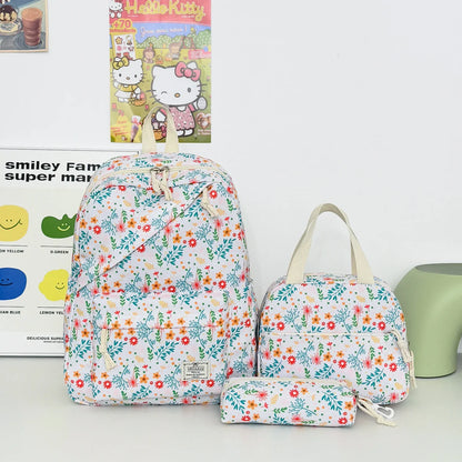 Fresh Lovely Floral Teen Backpack Set Multi-Purpose Large Storage Diagonal Zipper 3-Piece Backpack