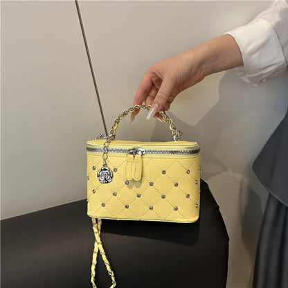 Quilted Mini Box Handbag Metal Chain Top Handle Crossbody Purse Camellia Charm
