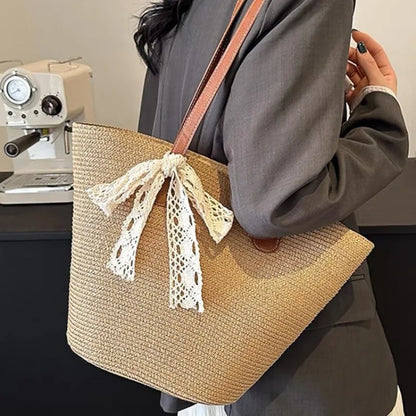 Large Capacity Woven Straw Bag Spring Casual Style Beach Shoulder Polyester Lining Zipper Closure