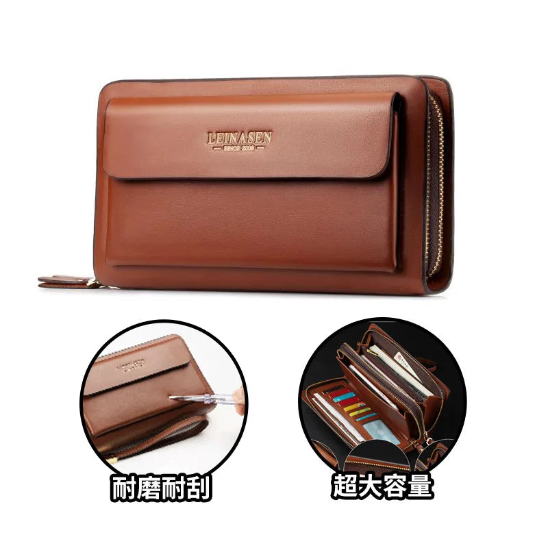Commuter Male Business Double Zipper Handhold Soft Leather Long Large Capacity Mobile Phone Wallet
