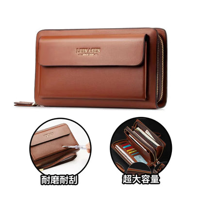 Commuter Male Business Double Zipper Handhold Soft Leather Long Large Capacity Mobile Phone Wallet