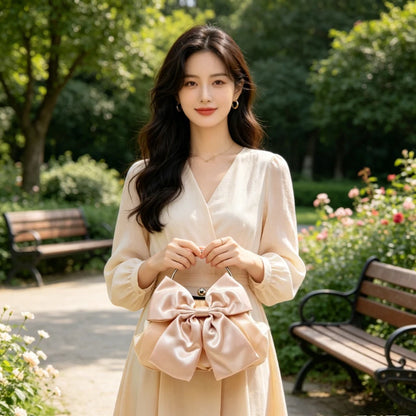 Satin Bow Clutch Bag for Women – Kiss Lock Top Handle Handbag