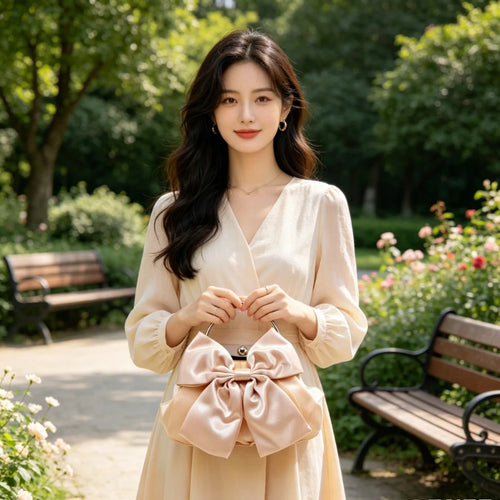 Satin Bow Clutch Bag for Women – Kiss Lock Top Handle Handbag