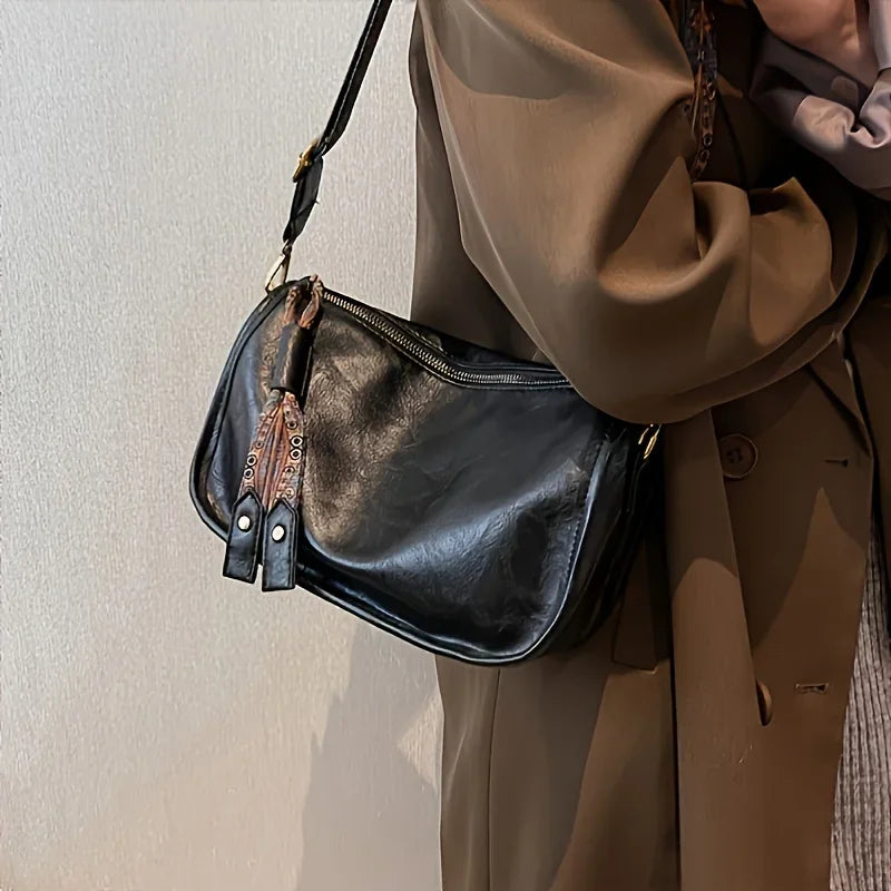 Graphic Pattern Zipper Crossbody Bag Stylish Leather Shoulder Bag Wide Strap Large Capacity Daily