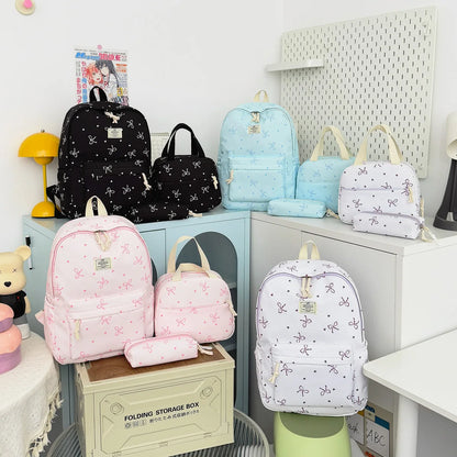 Sweet Fresh Bow Print Three Piece Backpack Set Lightweight Large Capacity College Style Campus