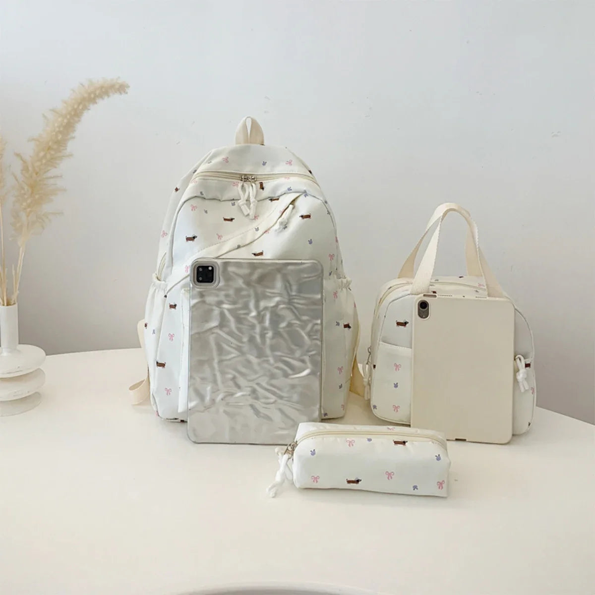 Chic Puppy Print Backpack Set 3pcs Handbag Pen Pouch Stitching Detail Multi Pocket Adjustable Straps