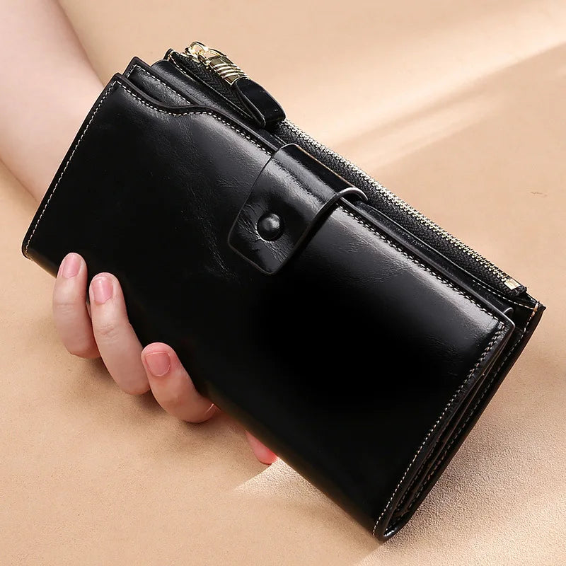 Genuine Leather Long Women S Wallet Rfid Anti-Theft Brush Multi-Slot Retro Oil Wax Hand-Held