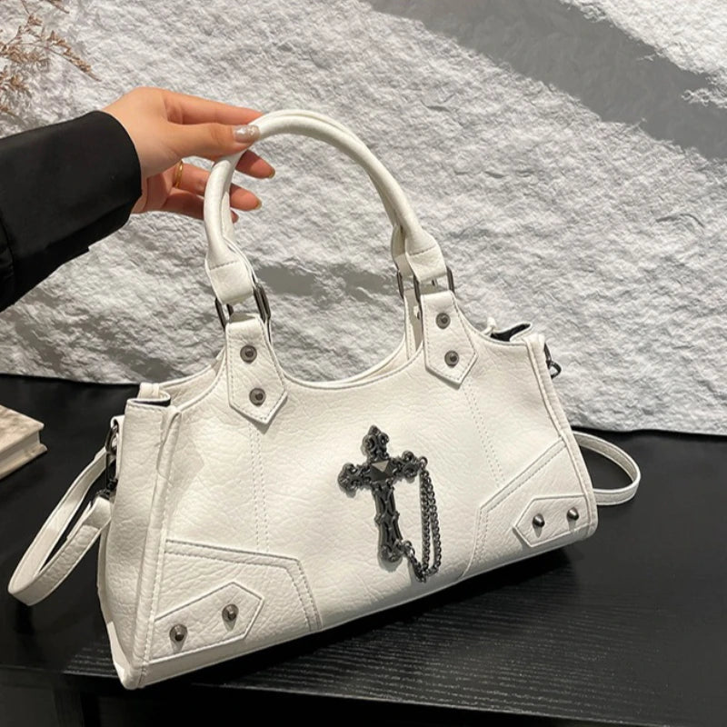 Gothic Shoulder Bag – Vintage Faux Leather Cross Chain Handbag