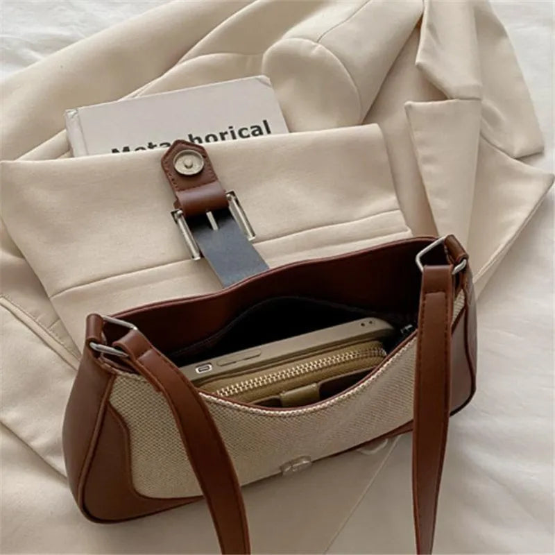 Retro Woven Canvas Baguette Bag – Buckle Underarm Shoulder Purse