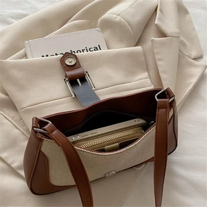 Retro Woven Canvas Baguette Bag – Buckle Underarm Shoulder Purse