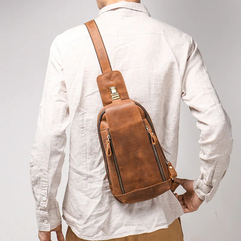 Retro Men S Genuine Leather Chest Bag Crazy Horse Leather Sports Crossbody Backpack