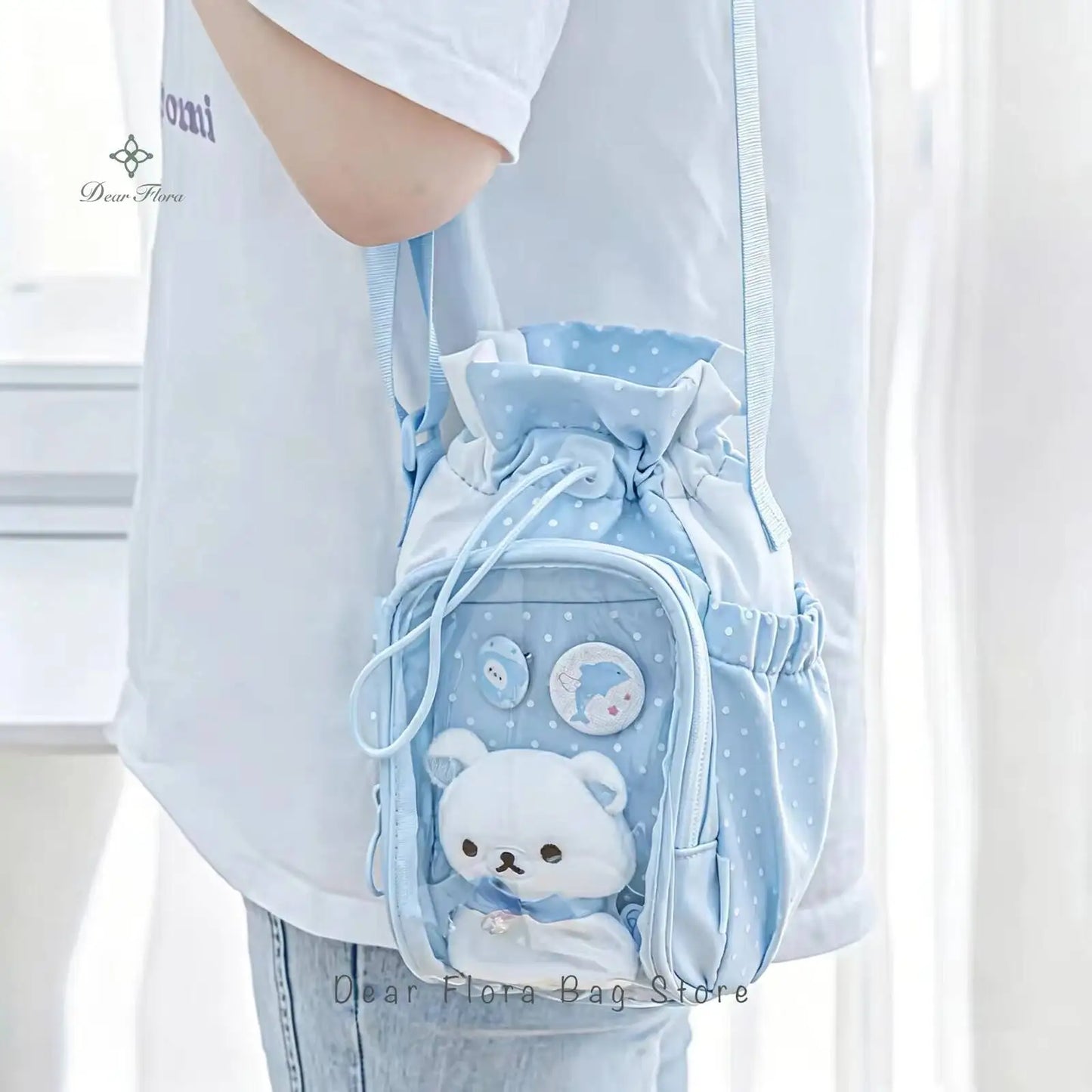 Cute Polka Dot Ita Crossbody Bag with Clear Window & Drawstring
