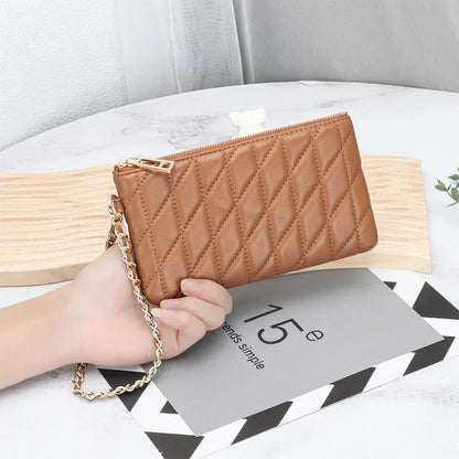 Leather Clutch Bag Women S Diamond Check Embroidered Long Wallet Multi-Functional Mobile Phone