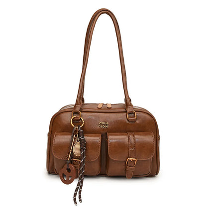 Women's Multi-Pocket Shoulder Bag with Gold-Tone Hardware