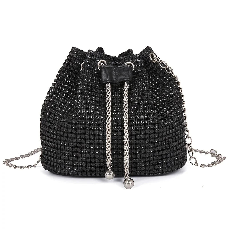 Gold Rhinestone Large Capacity Tote Bag Sparkly Drawstring Crossbody Purse Gold Chain Strap Party