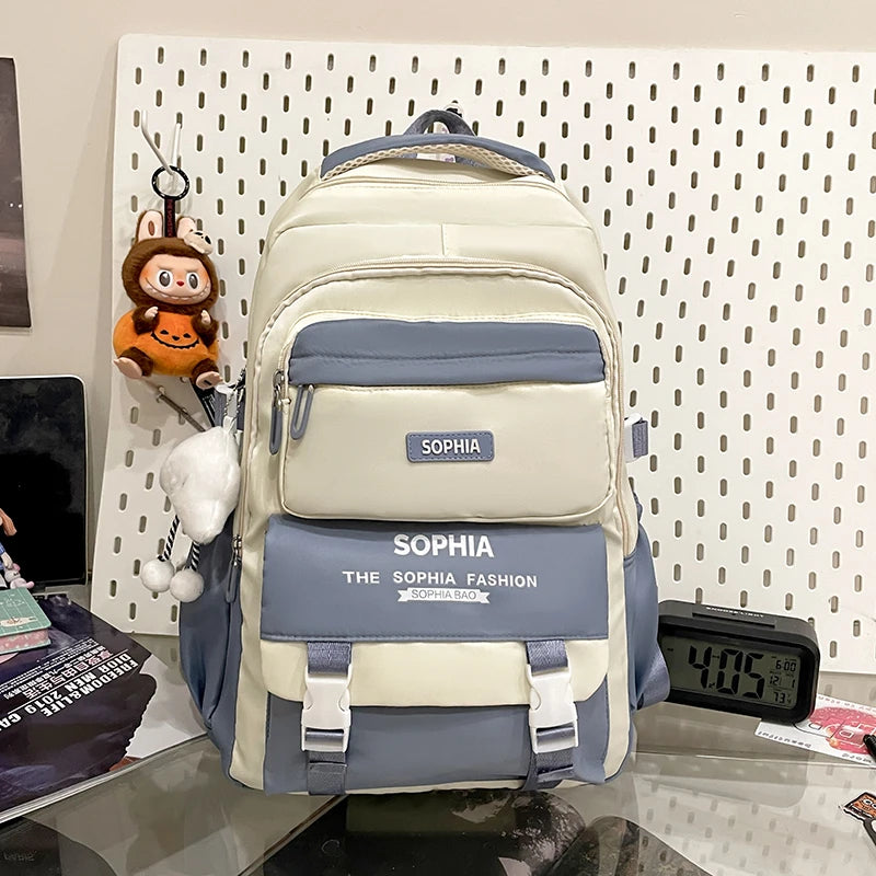 College Style Color Blocked Backpack Student School Bags Nylon Large Capacity Reduce Loadco Mputer
