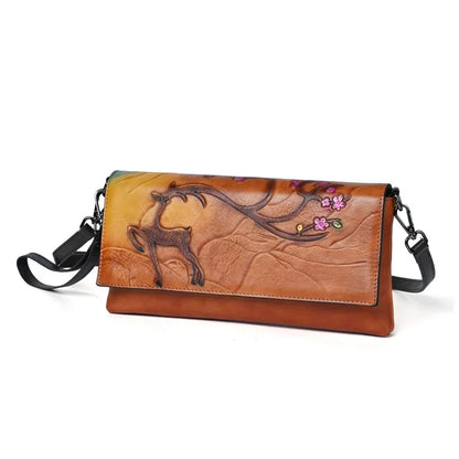 Top Layer Cowhide Crossbody Bag Retro Embossed Colored Retro Style Functional Single-Shoulder Bag