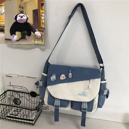 Harajuku Nylon Messenger Bag with Cute Badge Pins – Large Capacity