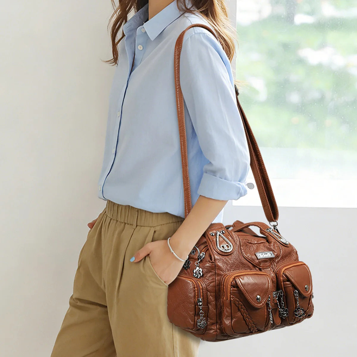 Retro Boho Women Shoulder Bag Solid Woven Rhinestone Crossbody Multi Pocket Large Capacity