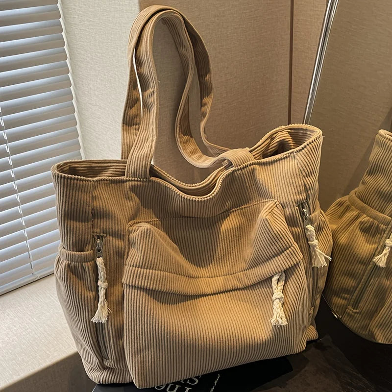 Corduroy Tote Bag with Multi Pockets & Tassel Zippers