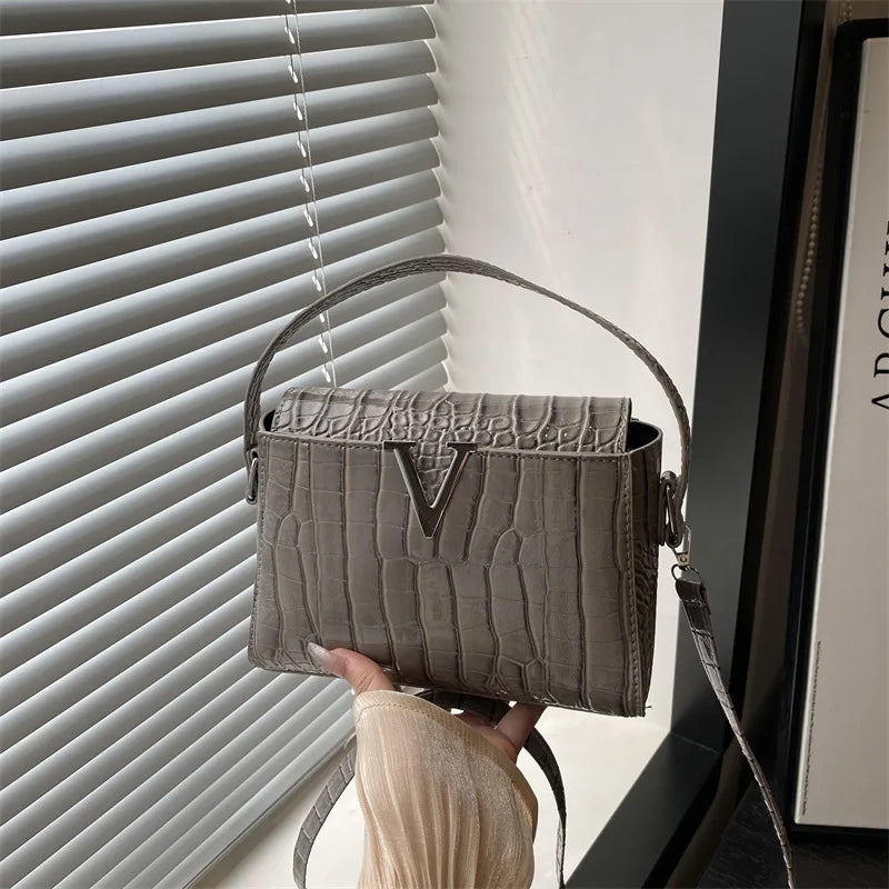 Mini Croc-Embossed PU Leather Handbag with V-Lock