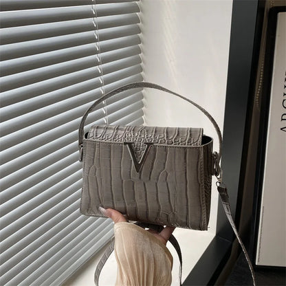 Mini Croc-Embossed PU Leather Handbag with V-Lock