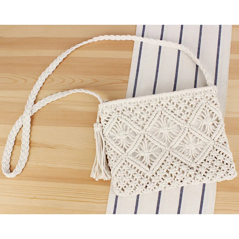 Bohemian Woven Rope Crossbody Bag with Tassel Detail
