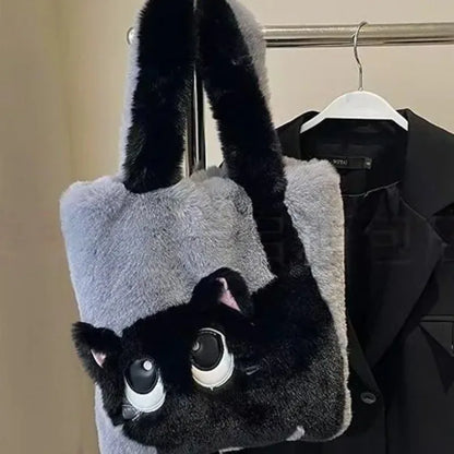 Plush Cat Tote Bag – Kawaii Faux Fur Handbag for Women