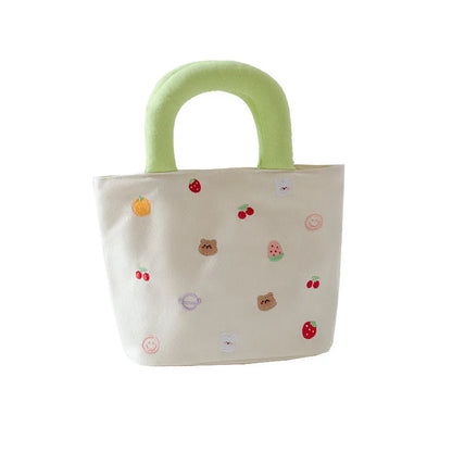 Cute Canvas Mini Handbag with Fruit & Bear Print