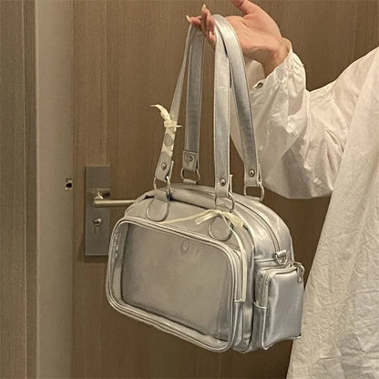 Patent Leather Bow Shoulder Bag – Dual Handle & Crossbody