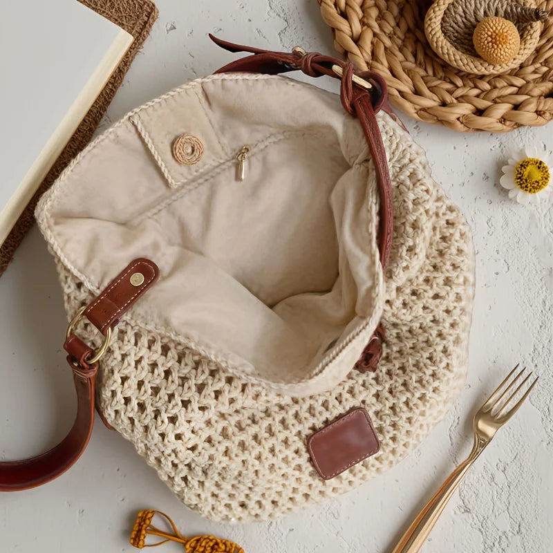 Minimalist Beige Woven Tote Bag Brown Handles Versatile Shoulder Bags