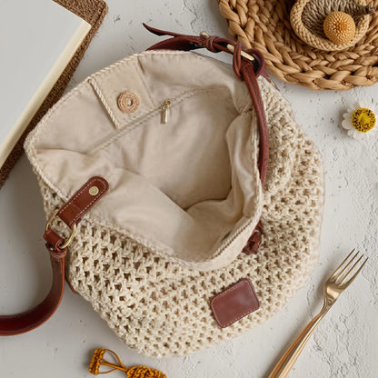 Minimalist Beige Woven Tote Bag Brown Handles Versatile Shoulder Bags