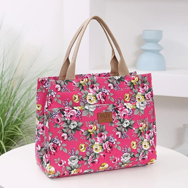 Floral Print Tote Bag Portable Canvas Lunch Bag Women S Casual Handbag Picnic Travel Designer Bags