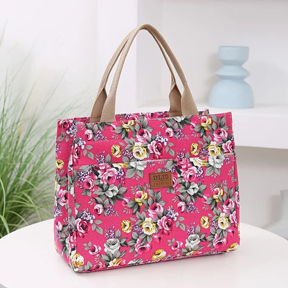 Floral Print Tote Bag Portable Canvas Lunch Bag Women S Casual Handbag Picnic Travel Designer Bags