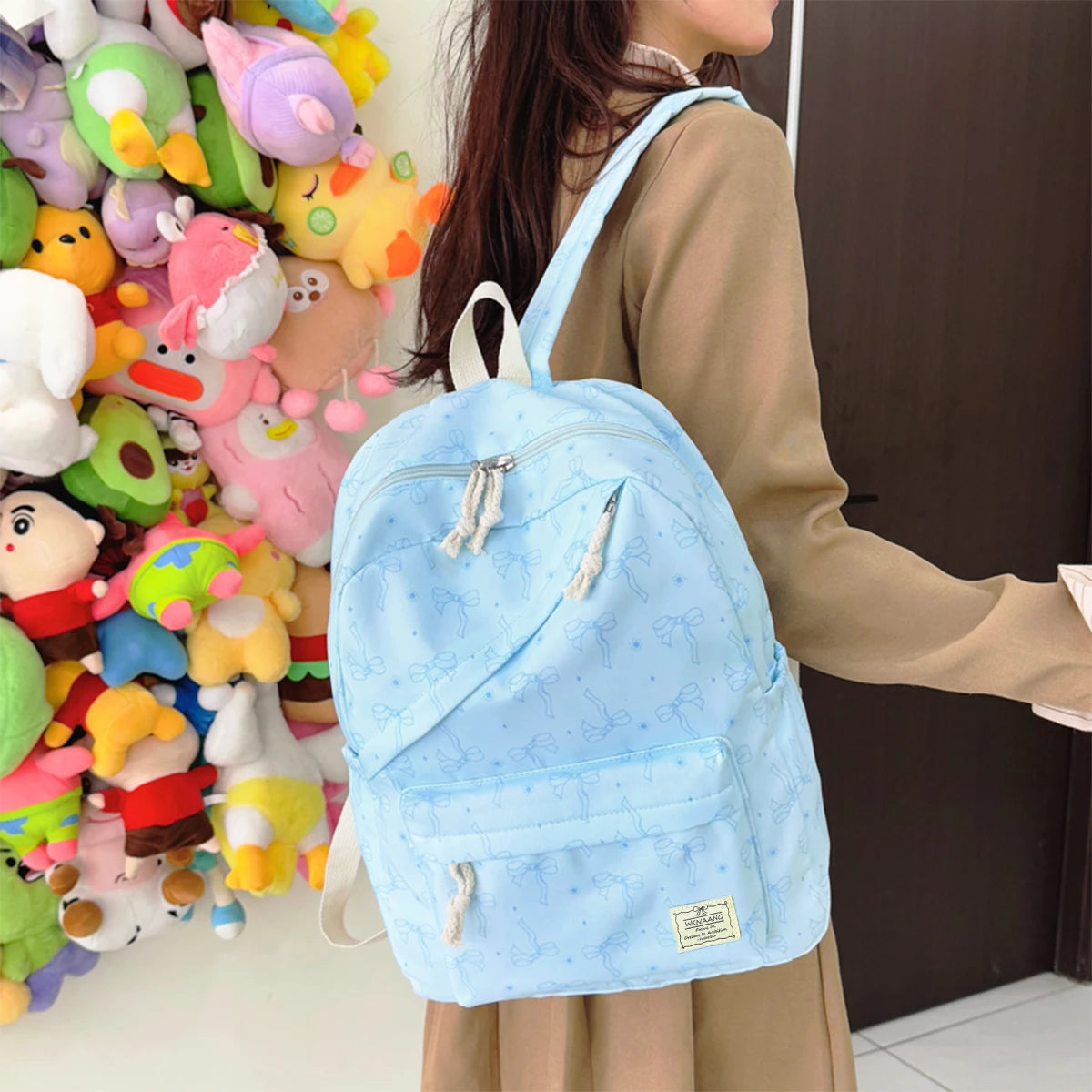 Gentle Romantic Bow Polka Dot Printed Backpack Nylon Lightweight Large Capacity Girls Campus Student
