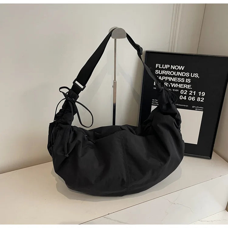 Nylon Crossbody Bag – Soft Drawstring Crescent Shoulder Bag for Women