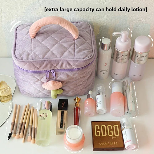 Quilted Makeup Bag with Padded Handle – Large Capacity Cosmetic Organizer