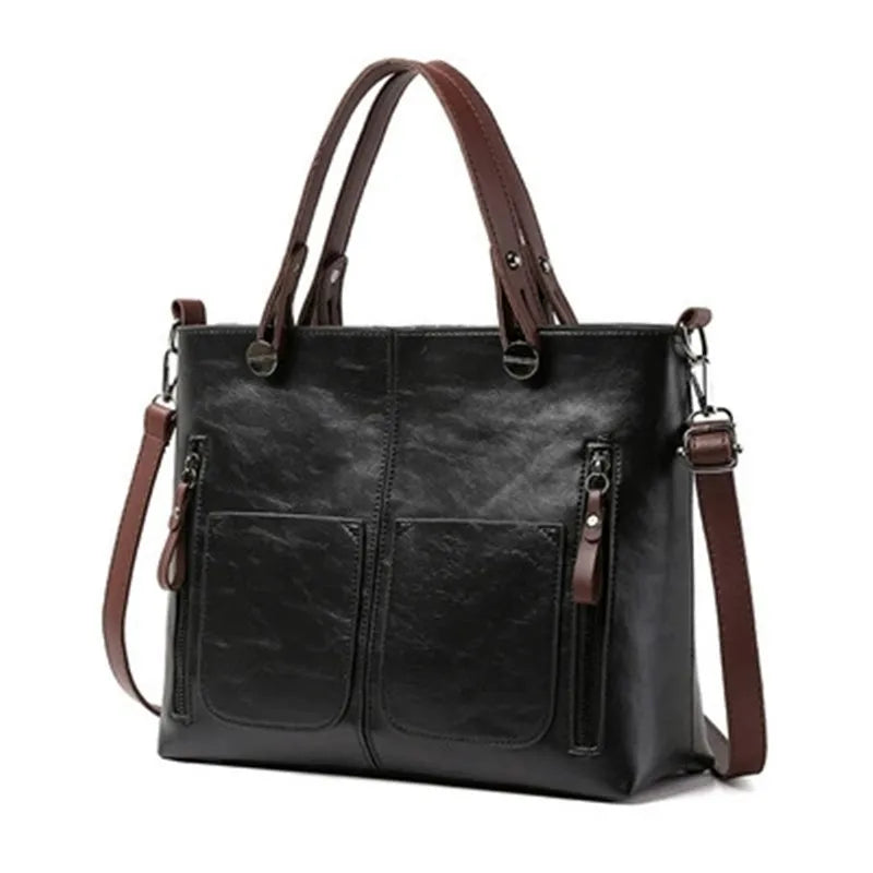 Retro Leather Tote Bag for Women with Double Pockets