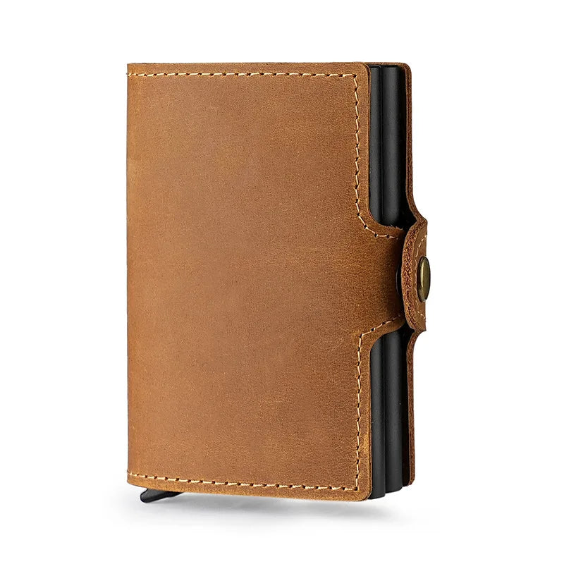 Double Aluminum Case Automatic Cartridge Card Clip Crazy Horse Leather Men Pop Bank Bag