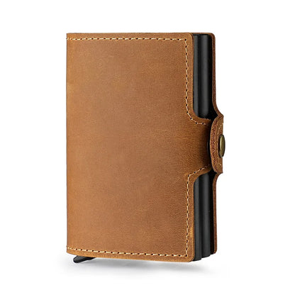 Double Aluminum Case Automatic Cartridge Card Clip Crazy Horse Leather Men Pop Bank Bag