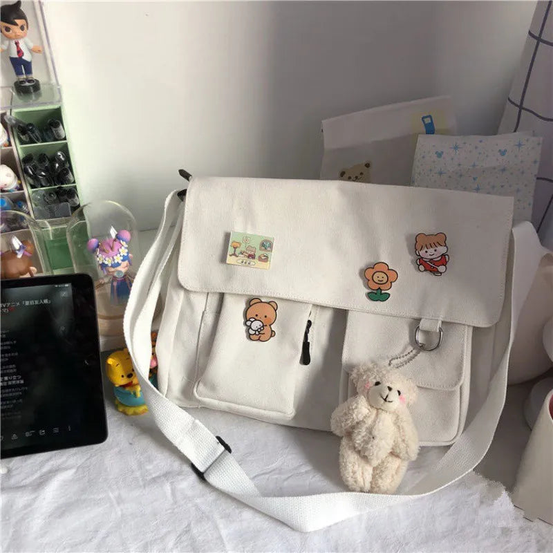 Harajuku Canvas Crossbody Bag with Cute Badge Pins