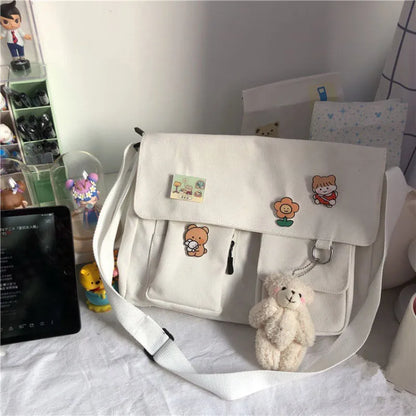 Harajuku Canvas Crossbody Bag with Cute Badge Pins